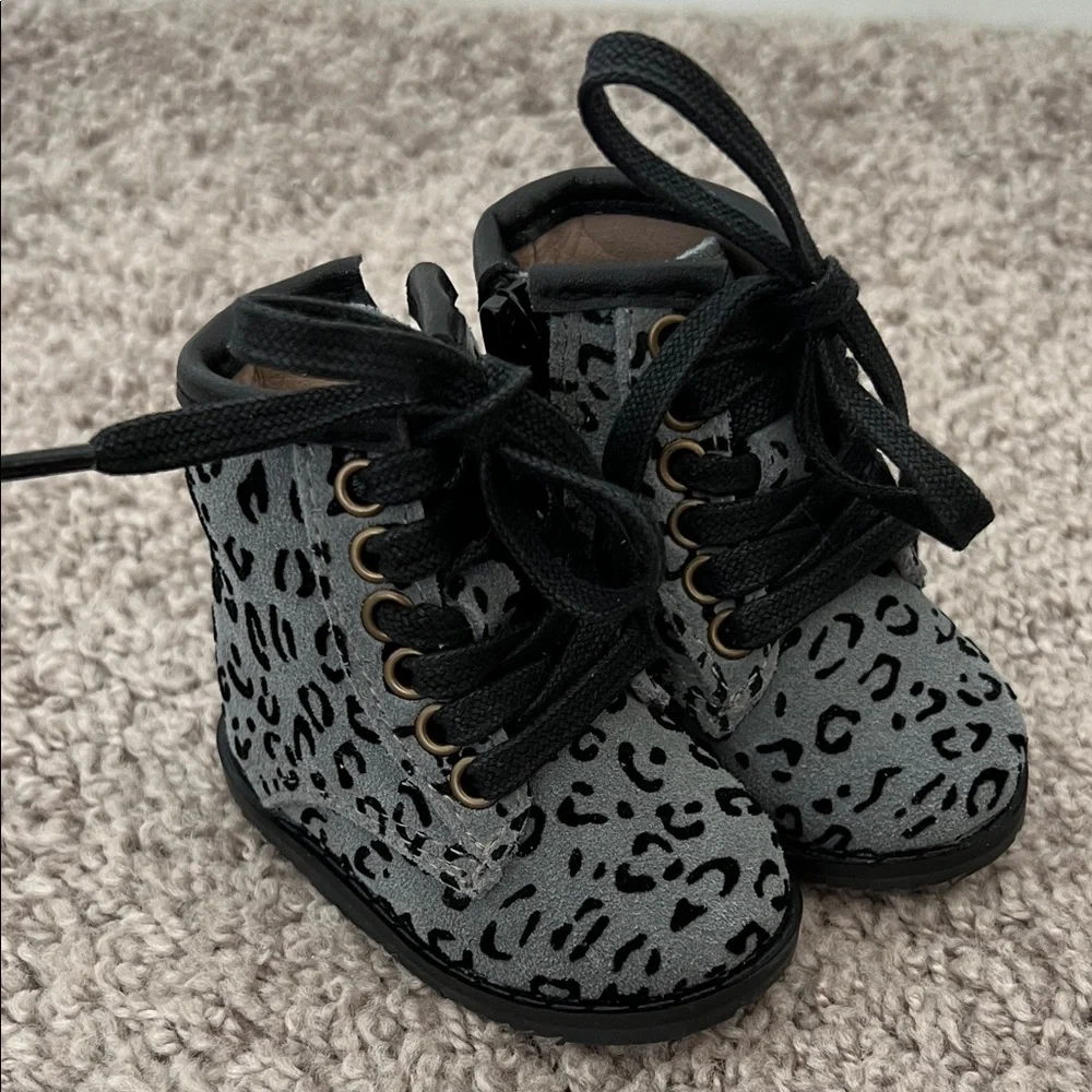 Monkey Feet Lace Up Leather Grey Cheetah Print Boots